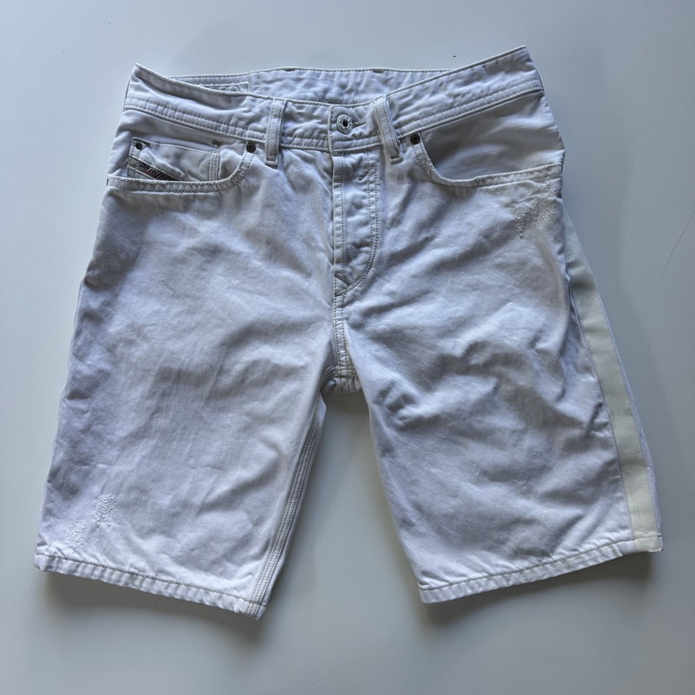 DIESEL 9.5" Button‎ Fly Denim Shorts Womens 27 White Distressed Stripe on Side